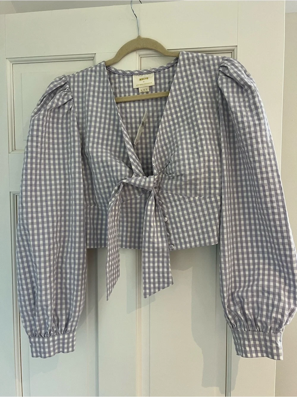 NWT Anthropologie Maeve Lavender and White Gingham Tie-Front Puff Sleeve Blouse